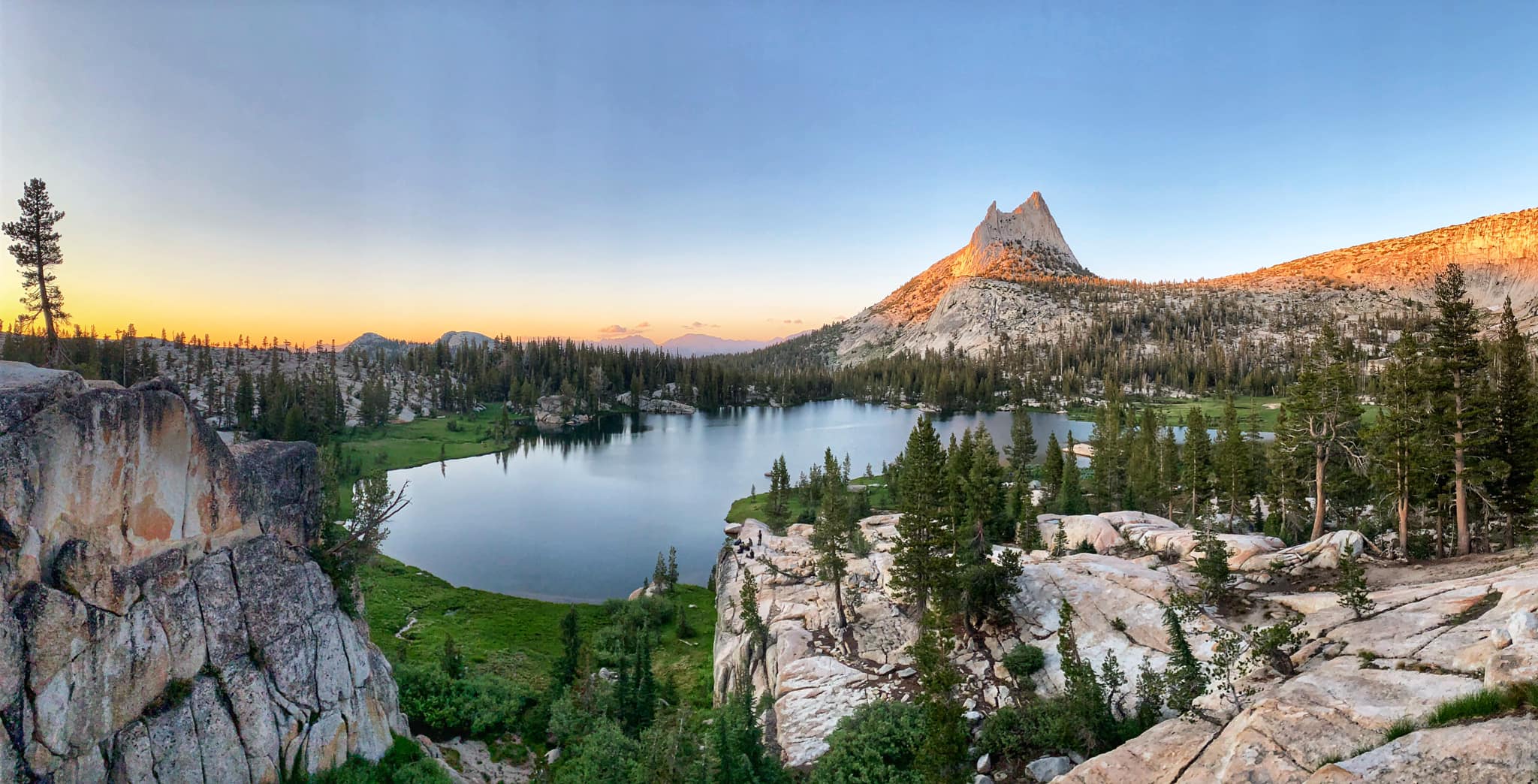 Upper Cathedral Lake and Cathedral Peak at sunset